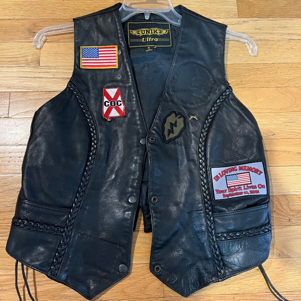 Unik leather biker vest, woman’s size large.